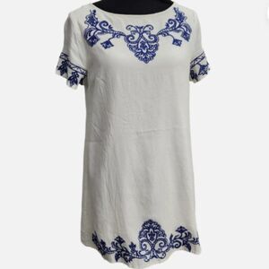 Lulus Tale to Tell Blue and Ivory Embroidered Shift Dress Small Short Sleeve